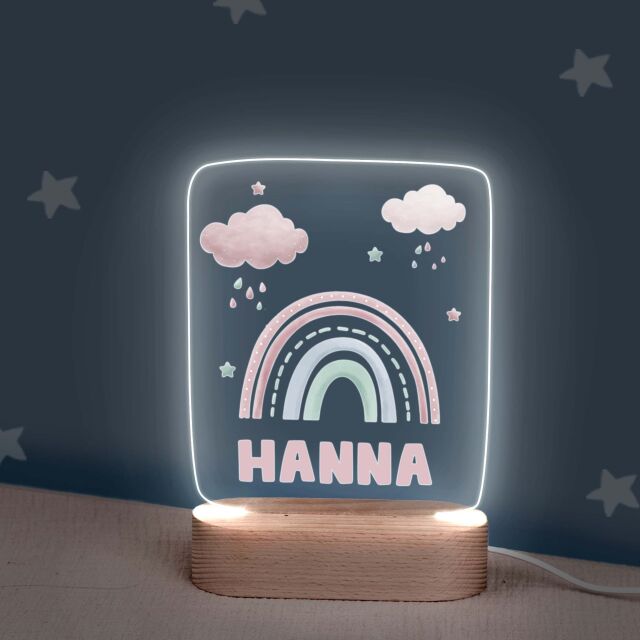 Buntes LED Kinder Nachtlicht Personalisiert Rosa Regenbogen in rechteckiger Form aus Acrylglas mit USB-Anschluss