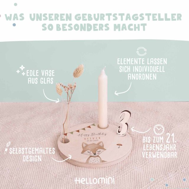 Personalisierter Geburtstagsteller Fuchs mit Kerzenhalter, Vase & Jahreszahlen