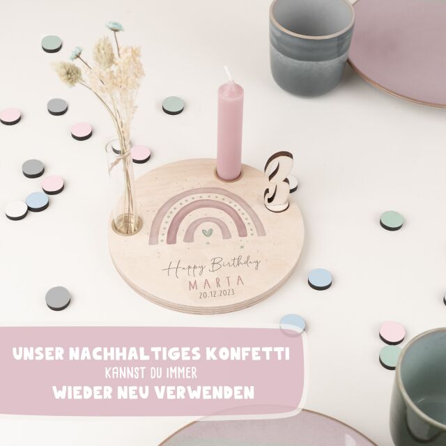 Personalisierter Geburtstagsteller Fuchs mit Kerzenhalter, Vase & Jahreszahlen