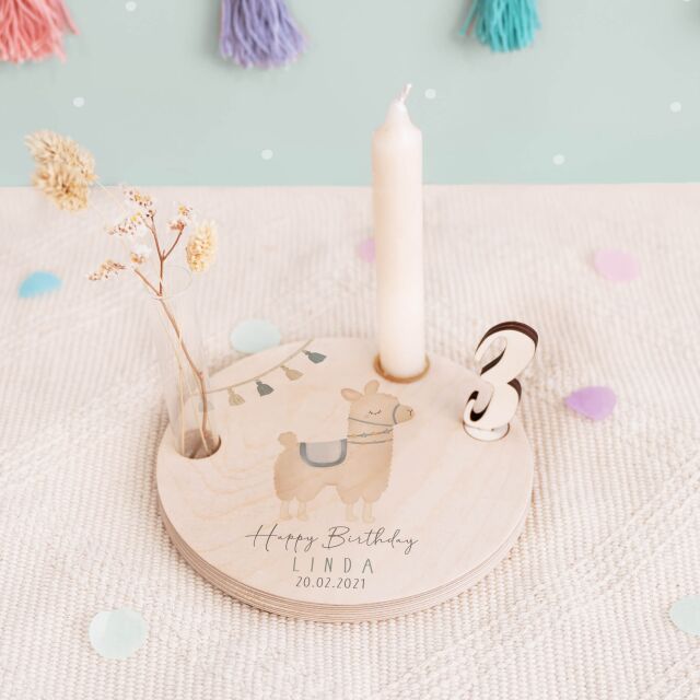Personalisierter Geburtstagsteller Alpaka mit Kerzenhalter, Vase & Jahreszahlen