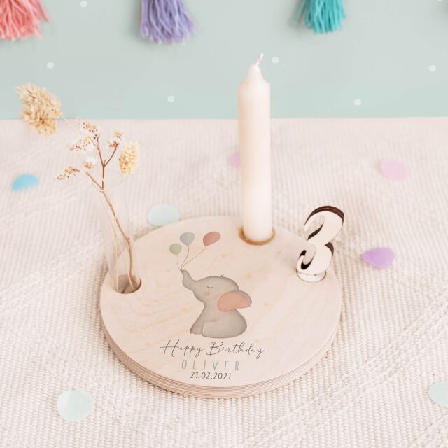 Personalisierter Geburtstagsteller Elefant mit Kerzenhalter, Vase & Jahreszahlen