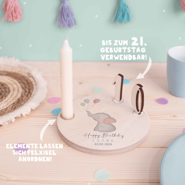 Personalisierter Geburtstagsteller Elefant mit Kerzenhalter, Vase & Jahreszahlen