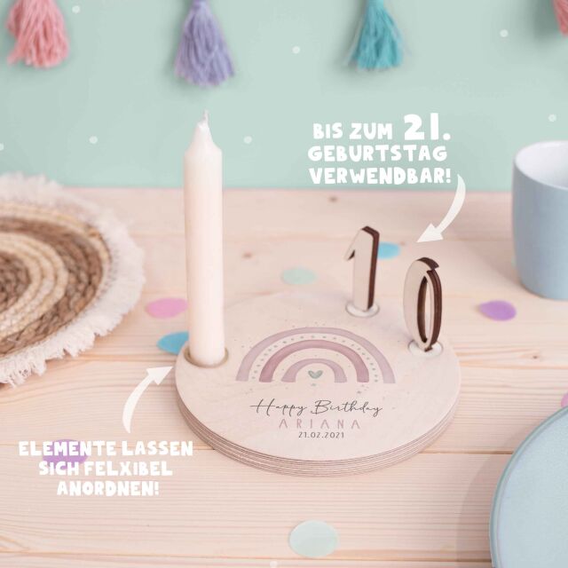 Personalisierter Geburtstagsteller Regenbogen rosa mit Kerzenhalter, Vase & Jahreszahlen