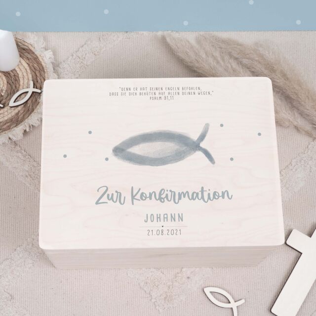 Erinnerungsbox Geschenk zur Konfirmation "Christenfisch" Aquarell